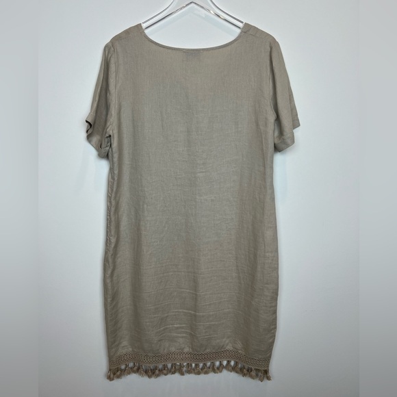 Peck & Peck 100% Linen Dress, Tan V-Neck Tassel Trim Sz L Side Ziper - Picture 2 of 11